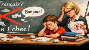 Frustrated student at a cluttered desk as a teacher shows an F, with a crossed-out Eiffel Tower and a Swiss flag in the background; two kids walk away with backpacks.