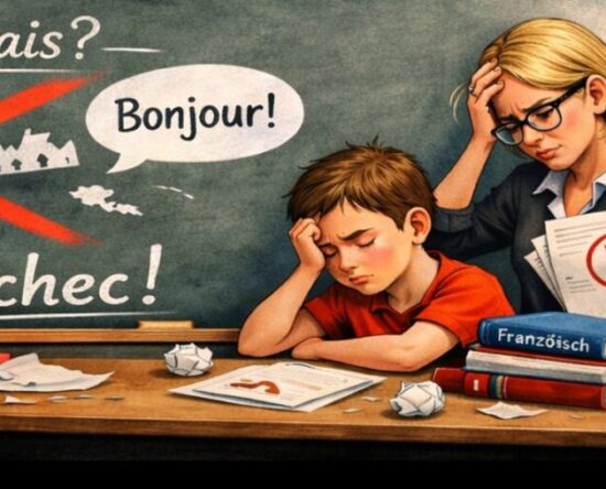 Frustrated student at a cluttered desk as a teacher shows an F, with a crossed-out Eiffel Tower and a Swiss flag in the background; two kids walk away with backpacks.