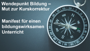 Banner für eine Medienkonferenz am 27.4.2026 über Bildungskurskorrektur, mit Kompassgrafik rechts.