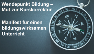 Banner für eine Medienkonferenz am 27.4.2026 über Bildungskurskorrektur, mit Kompassgrafik rechts.