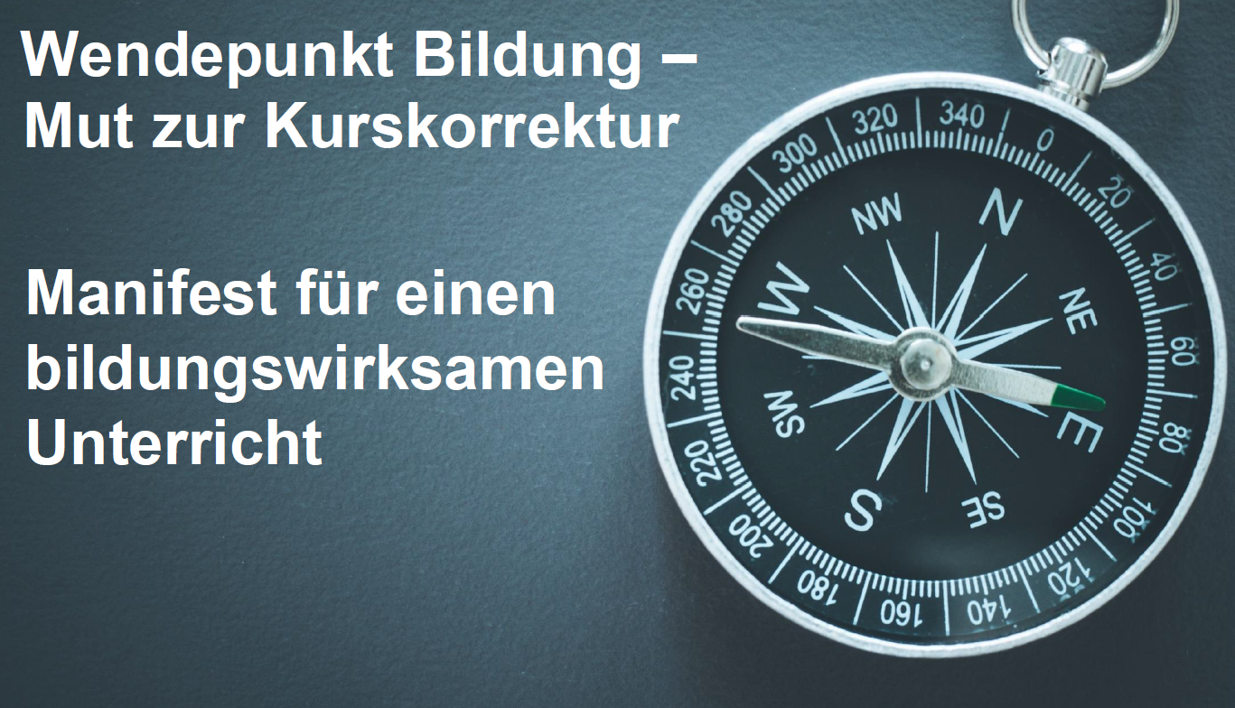 Banner für eine Medienkonferenz am 27.4.2026 über Bildungskurskorrektur, mit Kompassgrafik rechts.