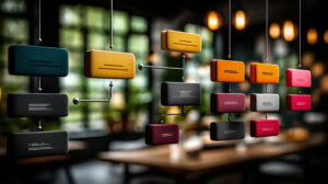 Colorful hanging rectangular cushions with white lines, suspended in a dimly lit cafe setting as decorative art installation.