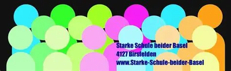 Colorful cluster of overlapping circles forming a bright banner with blue text promoting a Basel school and displaying an address and website (informational image).