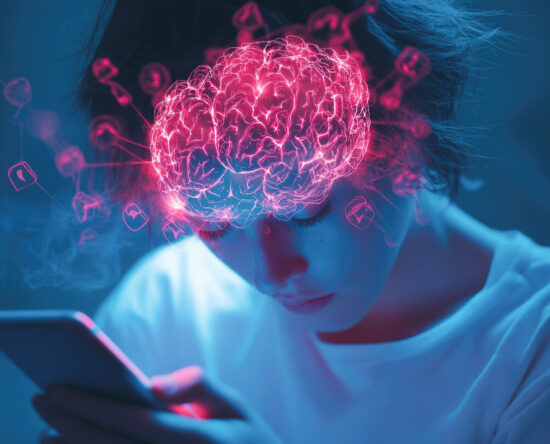 Person holding a smartphone with a glowing pink brain hologram above their head, symbolizing neuroscience or AI