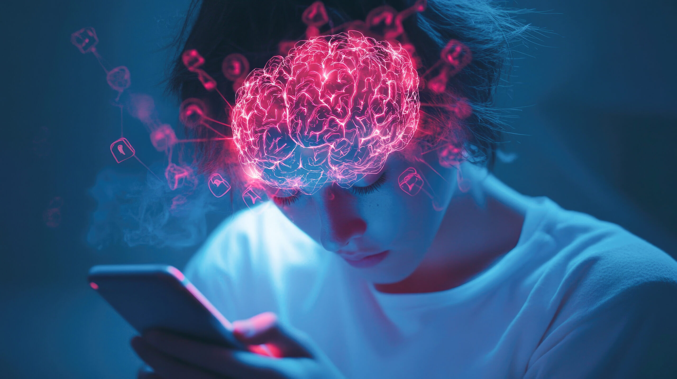 Person holding a smartphone with a glowing pink brain hologram above their head, symbolizing neuroscience or AI