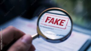 Close-up of a magnifying glass over a document with a red 'FAKE' stamp, suggesting fact-checking or misinformation detection