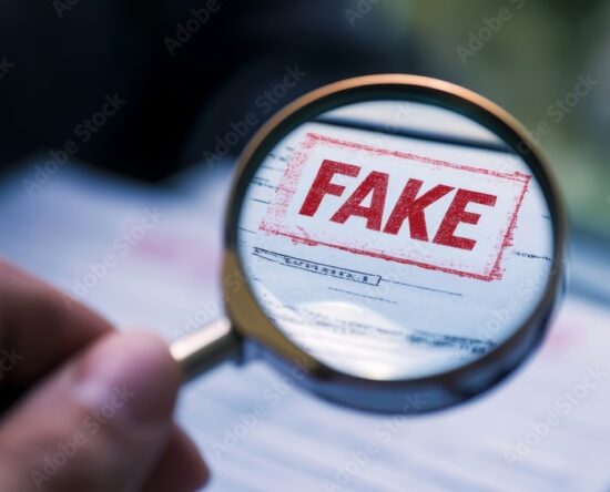 Close-up of a magnifying glass over a document with a red 'FAKE' stamp, suggesting fact-checking or misinformation detection