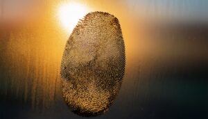 Close-up fingerprint on frosted glass backlit by sunset, warm orange gradient fading to blue.