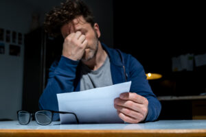 Man in a blue jacket sits at a desk, hand over his face, reading a stack of papers; glasses on the desk in the foreground.