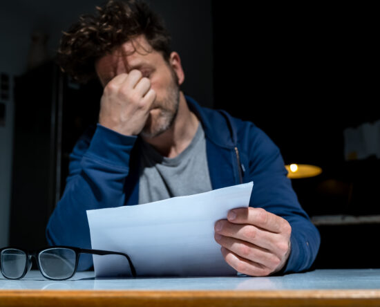 Man in a blue jacket sits at a desk, hand over his face, reading a stack of papers; glasses on the desk in the foreground.