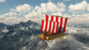 Viking-style wooden longship with red-and-white striped sails on a jagged, icy seascape under a blue sky.