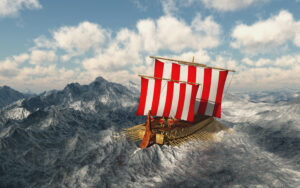 Viking-style wooden longship with red-and-white striped sails on a jagged, icy seascape under a blue sky.