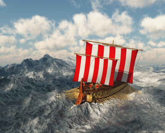 Viking-style wooden longship with red-and-white striped sails on a jagged, icy seascape under a blue sky.