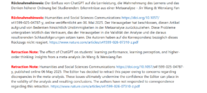 Screenshot: Rücknahmehinweise und Retraktionsnotizen zu einer Meta-Analyse, mit Links zu Nature-Artikeln.