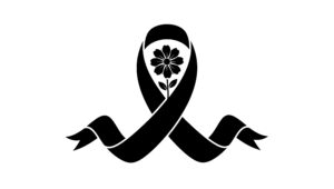 Black awareness ribbon with a stylized flower at the center motif