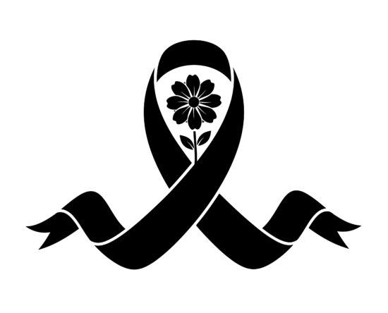Black awareness ribbon with a stylized flower at the center motif