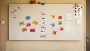 Colorful cut‑out word fragments arranged on a whiteboard for a German language practice activity (syllables and pronouns).