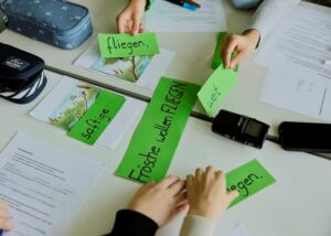 Several hands arrange green sticky notes with German verbs on illustrated cards during a classroom activity.