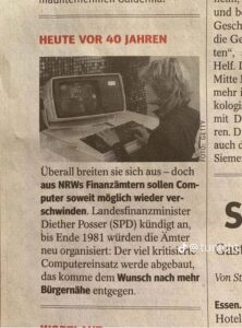Archivbild einer Frau am alten CRT-Computer; Artikel über NRW-Finanzämter und den Abbau von Computern (40 Jahre zuvor).