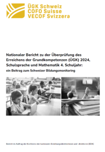 Cover page of a Swiss education report with a gold logo top left and bold German title about ÜGK 2024; black-and-white collage of students studying.