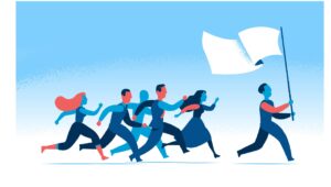 Runners in blue tones race together, led by a flag bearer gripping a tall white flag against a blue gradient background.