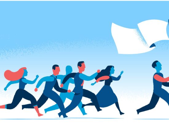 Runners in blue tones race together, led by a flag bearer gripping a tall white flag against a blue gradient background.