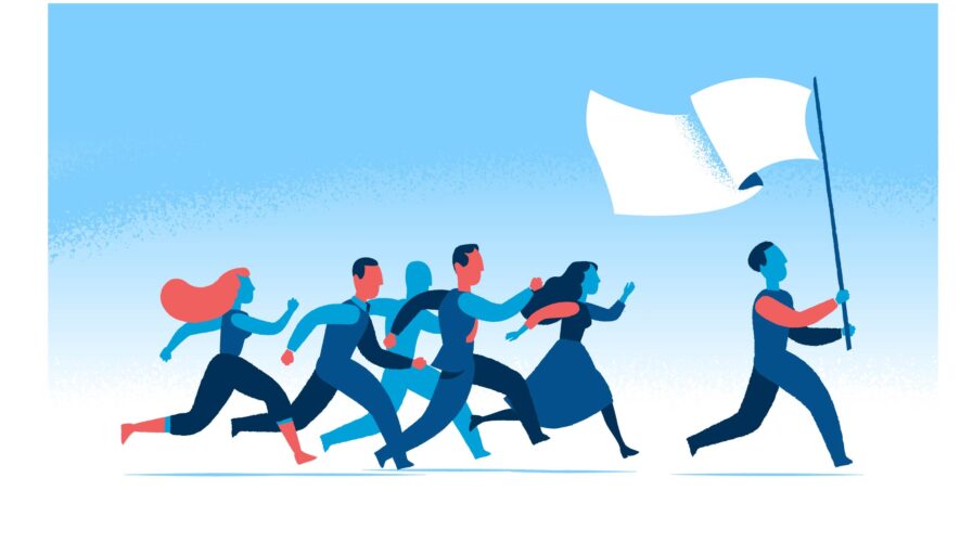 Runners in blue tones race together, led by a flag bearer gripping a tall white flag against a blue gradient background.
