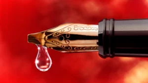 Close-up of a gold fountain pen nib with a droplet of ink hanging from its tip against a red blurred background.