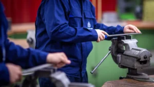 Two workers in blue overalls sharpening metal on a bench vise in a workshop with a red background behind them.