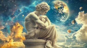 Marble statue of a thoughtful seated thinker set against a space scene with Earth and planets in the background.