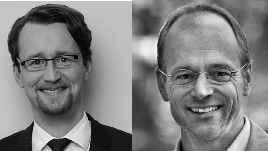 Two men in a split image, both smiling; left man in a suit and glasses, right man with round glasses and a light jacket.