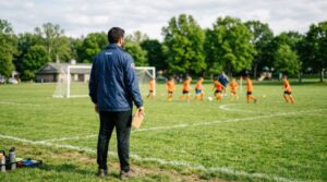 Soccer coach in a blue jacket watches young players practice on a sunny green field, clipboard in hand (back view).
