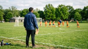 Soccer coach in a blue jacket watches young players practice on a sunny green field, clipboard in hand (back view).