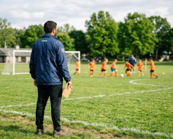 Soccer coach in a blue jacket watches young players practice on a sunny green field, clipboard in hand (back view).