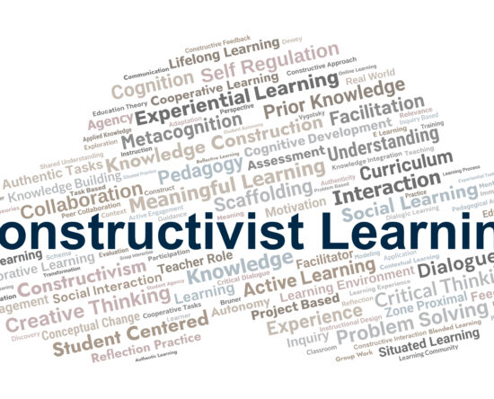 Word cloud with large 'Constructivist Learning' headline and many related terms like knowledge, collaboration, interaction, and meaning.