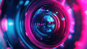Close-up of a camera lens with blue and pink neon lighting and reflections behind the glass