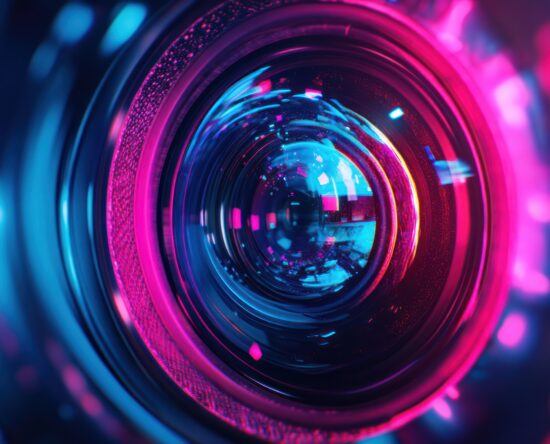 Close-up of a camera lens with blue and pink neon lighting and reflections behind the glass