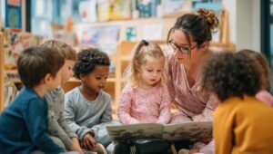 Teacher reads aloud to a diverse group of children gathered around a big picture book in a library or classroom setting.