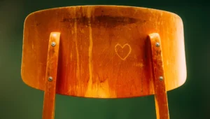 Close-up of an orange wooden chair back with a heart carved into the center panel.
