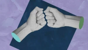 Abstract illustration of two grayscale fists bumping together on a dark blue diamond against a purple background, symbolizing collaboration.