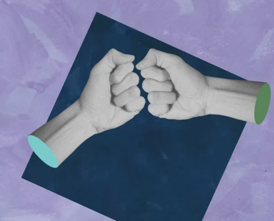 Abstract illustration of two grayscale fists bumping together on a dark blue diamond against a purple background, symbolizing collaboration.