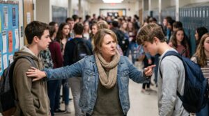 Teacher intervening in a crowded school hallway, separating two arguing students while others watch.