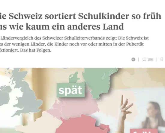 Headline article about Switzerland sorting out schoolchildren early; accompanying map of Europe with a green 'spät' label and a person gesturing in the foreground.