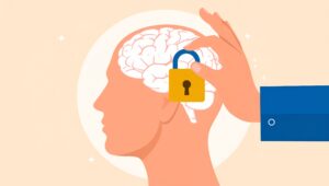 Side profile of a human head with an exposed brain and a yellow padlock over the brain, symbolizing mind security or protection of thoughts