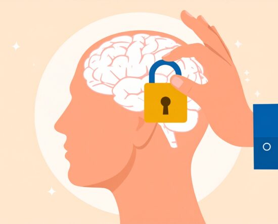 Side profile of a human head with an exposed brain and a yellow padlock over the brain, symbolizing mind security or protection of thoughts
