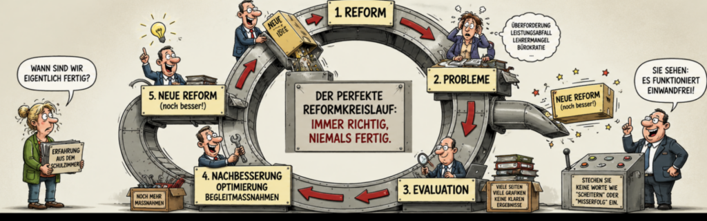 Cartoon infographic of a circular reform cycle labeled 1 Reform, 2 Probleme, 3 Evaluation, 4 Nachbesserung/Optimierung, 5 Neue Reform, with a central slogan about the perfect reform loop and caricatured officials on each side.