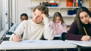 Students sit at desks in a classroom, looking bored or tired while writing on papers in front of them.